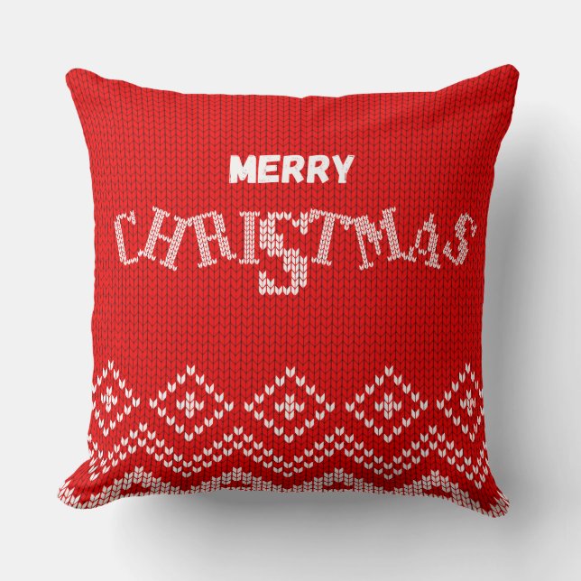 Merry Christmas Knitted Pattern Pillow – Festive R (Front)