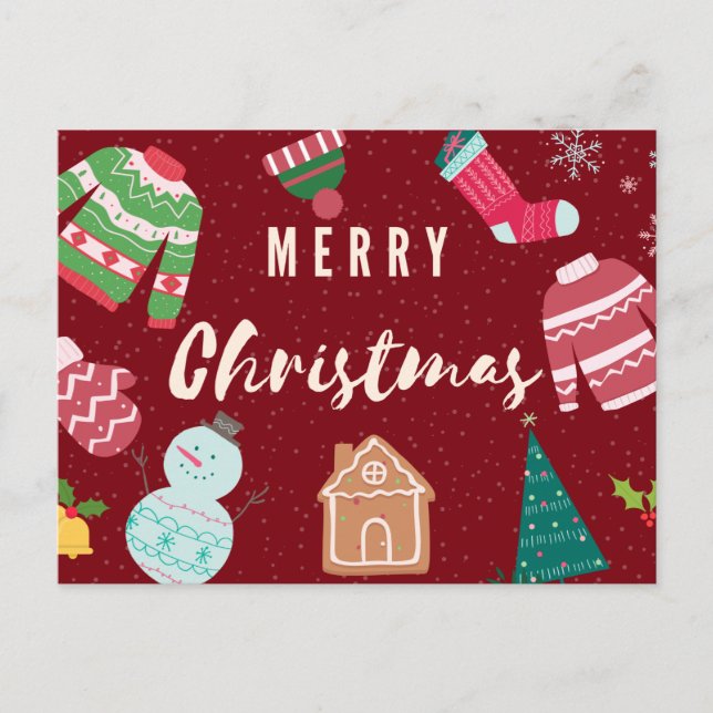 Merry Christmas Knitted Sweaters, Snowman, Tree Postcard (Front)