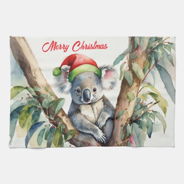 Merry Christmas Koala sitting in Gumtree Tea Towel (Horizontal)
