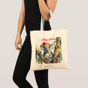 Merry Christmas Koala sitting in Gumtree Tote Bag