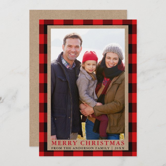 Merry Christmas Kraft Tartan Photo Card (Front/Back)