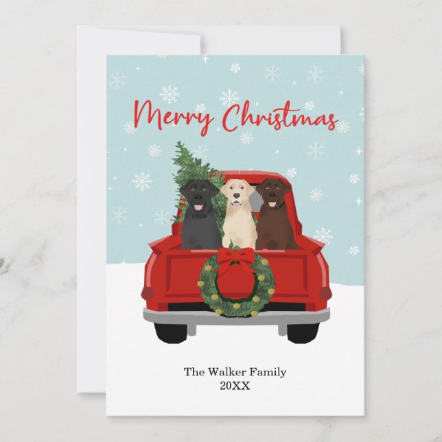 Merry Christmas Labradors Red Christmas Truck Holiday Card (Front)