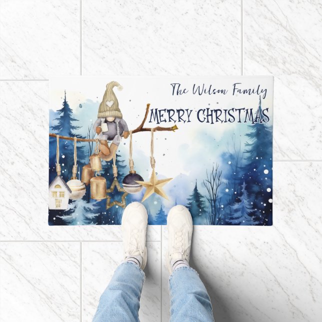 Merry Christmas Lady Gnome on Blue Forest Doormat (Indoor)