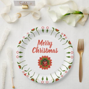 Merry Christmas Ladybug Red White Green Party Paper Plate