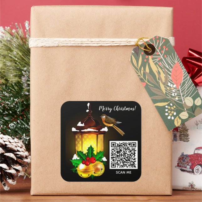 Merry Christmas Lantern Bird QR Code Square Sticker (Holiday)