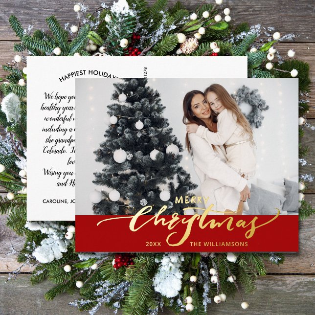 Merry Christmas Large Photo Christmas Letter Red Foil Holiday Postcard (Creator Uploaded)