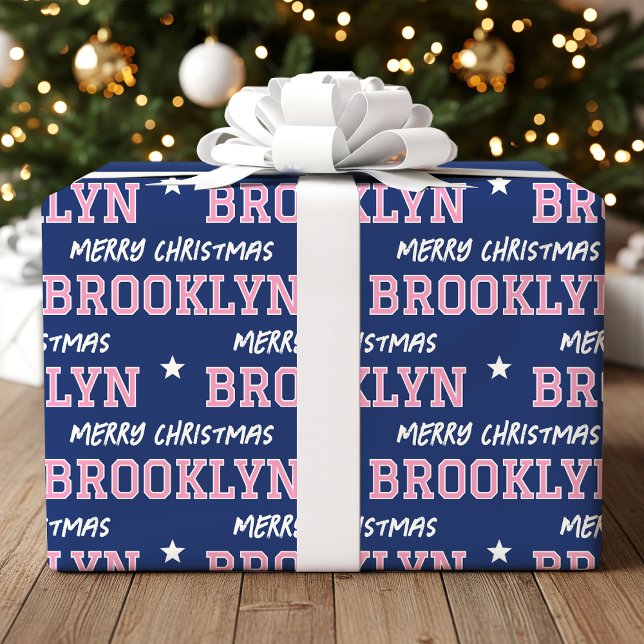 Merry Christmas Large Scale Custom Name Navy Pink Wrapping Paper (Creator Uploaded)