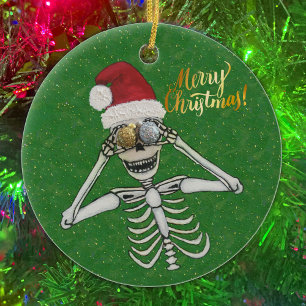 Merry Christmas Laughing Skeleton Glittery Gold Ceramic Tree Decoration