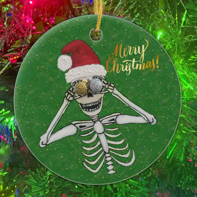 Merry Christmas Laughing Skeleton Glittery Gold Ceramic Tree Decoration (Creator Uploaded)