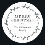 Merry Christmas Laurel Wreath Black White Name Classic Round Sticker<br><div class="desc">A modern,  black and white Merry Christmas sticker or envelope seal with a rustic simple black laurel wreath featuring modern typography. Simply add your name. Exclusively designed for you by Happy Dolphin Studio. If you need any help or matching products,  please contact us at happydolphinstudio@outlook.com.</div>