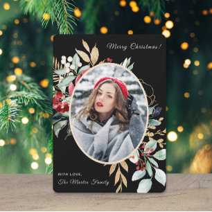 Merry Christmas Leafy Bouquet Photo Holiday Card
