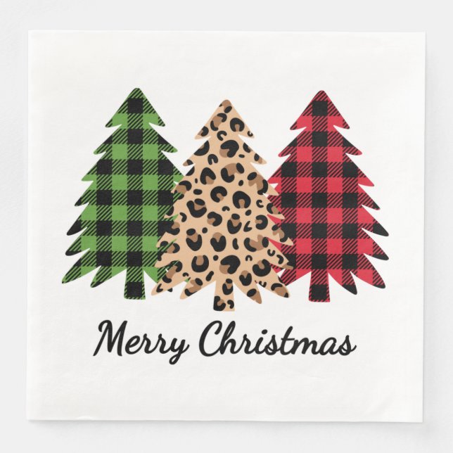 Merry Christmas Leopard and Plaid Trees Napkin (Front)