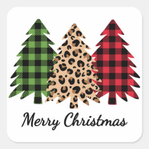 Merry Christmas Leopard and Plaid Trees Square Sticker