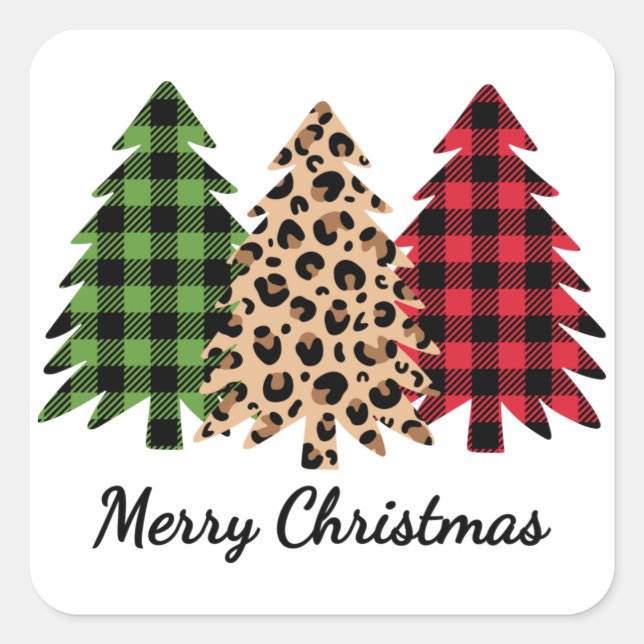 Merry Christmas Leopard and Plaid Trees Square Sticker (Front)