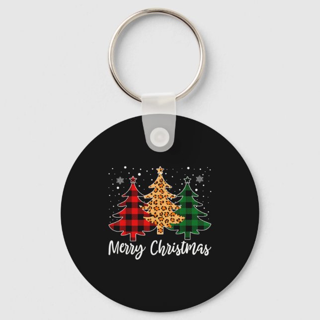 Merry Christmas Leopard Buffalo Plaid Christmas Tr Key Ring (Front)