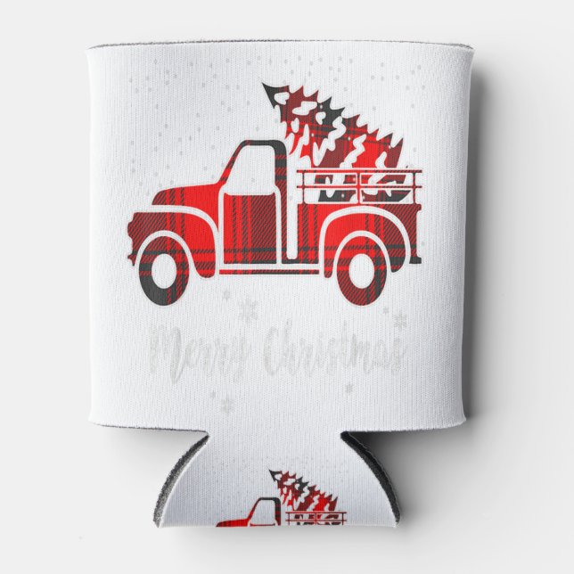 Merry Christmas Leopard Buffalo Truck Tree Red Pla Can Cooler (Front)