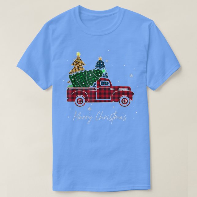 Merry Christmas Leopard Buffalo Truck Tree Red Pla T-Shirt (Design Front)