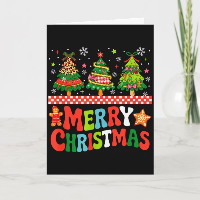 Merry Christmas Leopard Colorful Xmas Trees Bow Ti Card (Front)