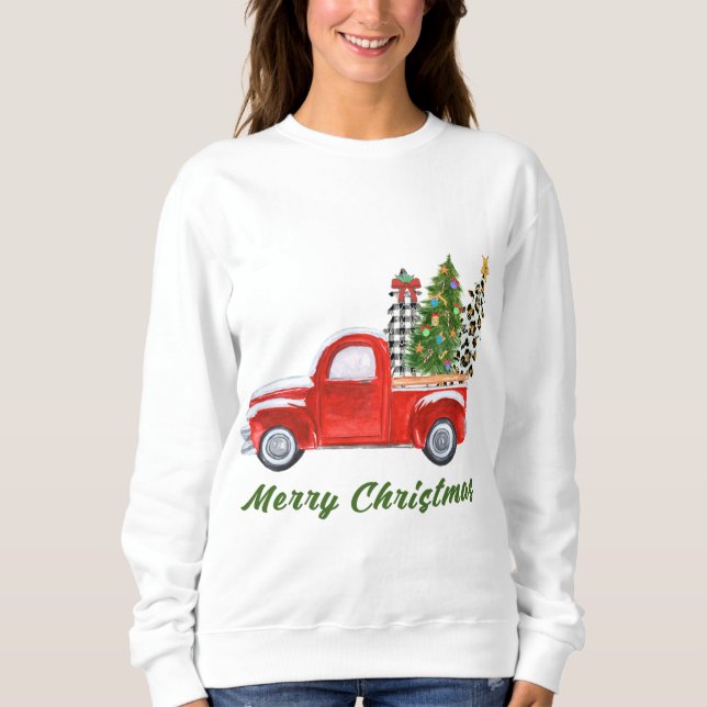 Merry Christmas Leopard Plaid Christmas Tree Red T Sweatshirt (Front)