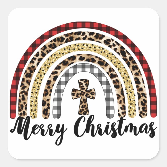 Merry Christmas Leopard Print Cross Square Sticker (Front)