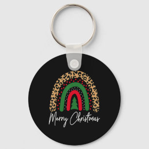 Merry Christmas Leopard Rainbow Pajamas Xmas Teach Key Ring