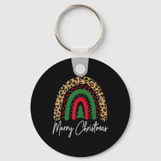 Merry Christmas Leopard Rainbow Pajamas Xmas Teach Key Ring