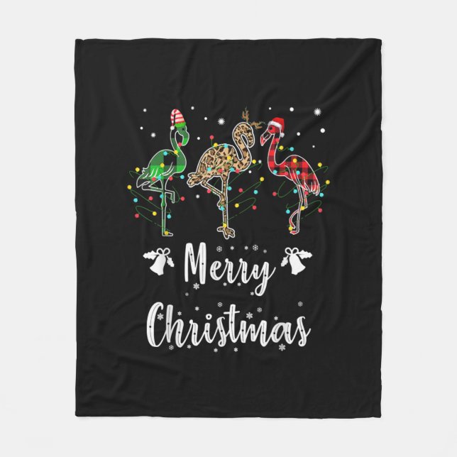 Merry Christmas Leopard Red Green Plaid Flamingo Fleece Blanket (Front)