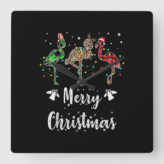 Merry Christmas Leopard Red Green Plaid Flamingo Square Wall Clock (Front)