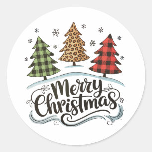 Merry Christmas Leopard Tree Red Buffalo Plaid Classic Round Sticker