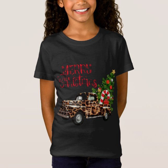 Merry Christmas Leopard Truck with Tree T-Shirt (Front)