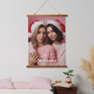 Merry Christmas Lesbian Retro Pink   Custom Photo  Hanging Tapestry