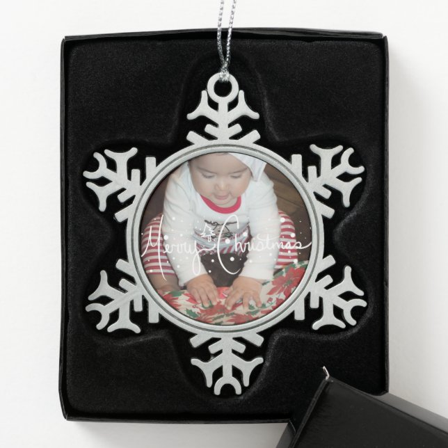 Merry Christmas Lettering and Baby Family Photo Snowflake Pewter Christmas Ornament (Box)