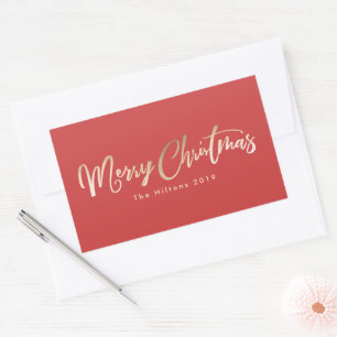 Merry Christmas Lettering Gold Foil Red Christmas Rectangular Sticker