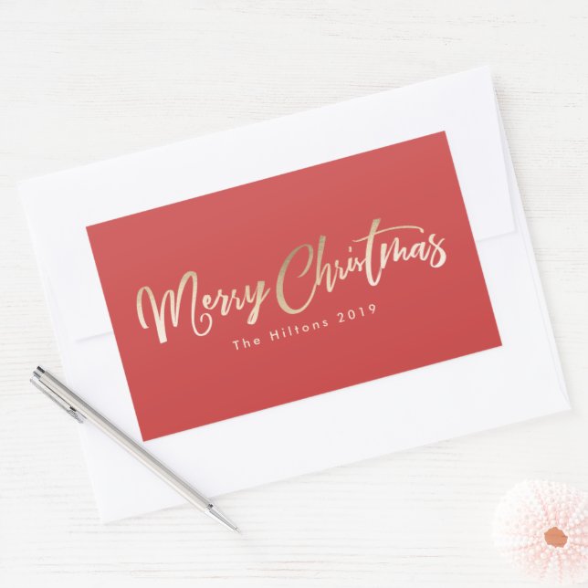 Merry Christmas Lettering Gold Foil Red Christmas Rectangular Sticker (Envelope)