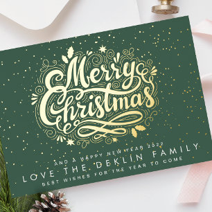 Merry Christmas Lettering Gold Speckle Green Leaf