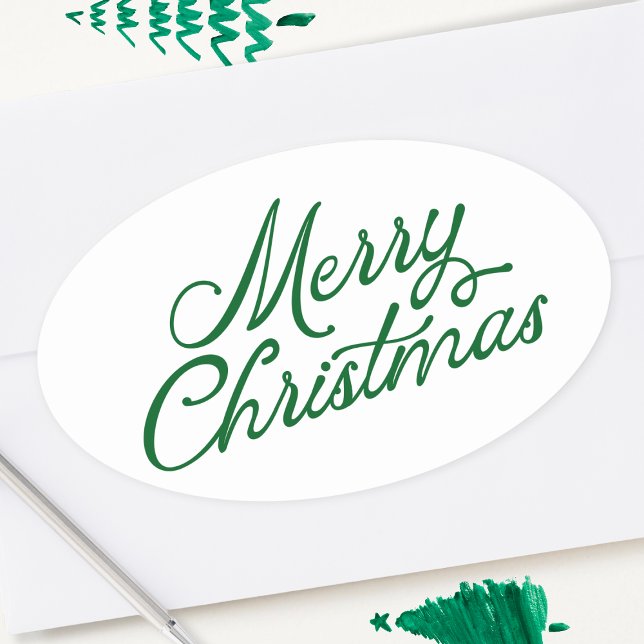 Merry Christmas Lettering Green and White Oval Sticker (Creator Uploaded)