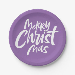Merry Christmas Lettering Religious Purple Modern Paper Plate