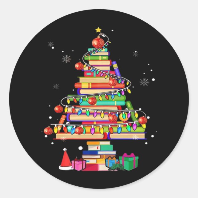 Merry Christmas Library Tree Classic Round Sticker (Front)