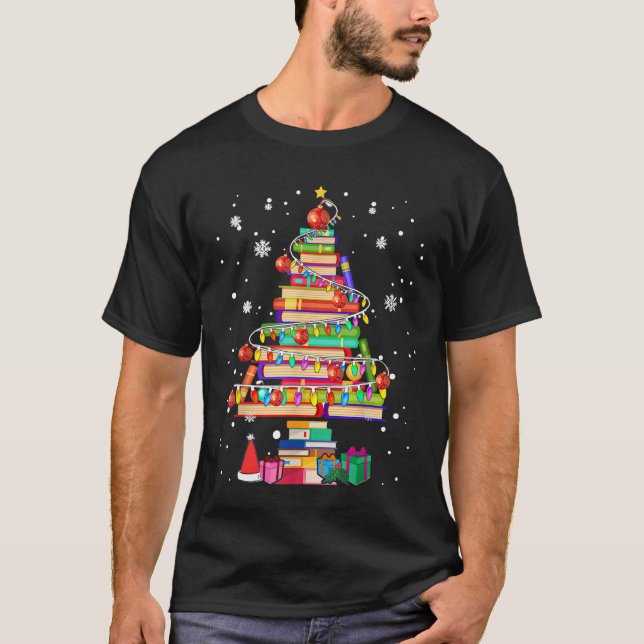 Merry Christmas Library Tree Cute Book Lover Libra T-Shirt (Front)