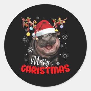 Merry Christmas Light Reindeer Moo Deng Santa Hat Classic Round Sticker