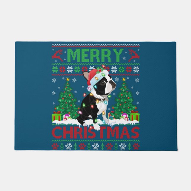 Merry Christmas Lighting Ugly Boston Terrier Chris Doormat (Front)