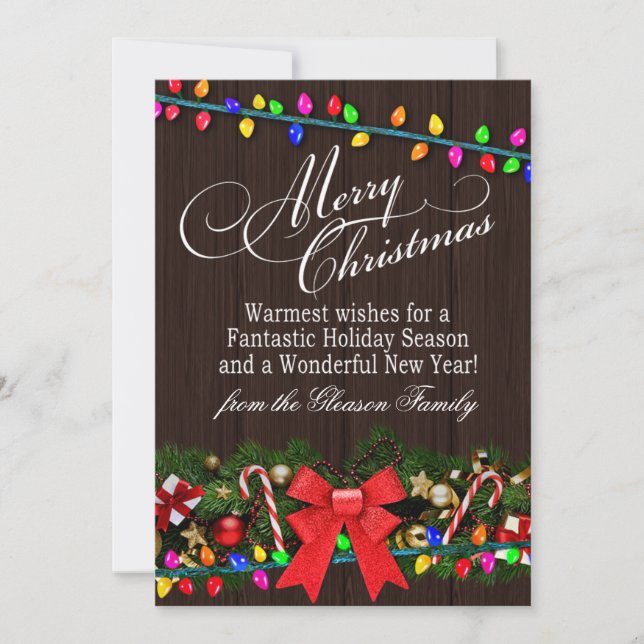 Merry Christmas Lights Barn Wood | mahogany Holiday Card (Front)