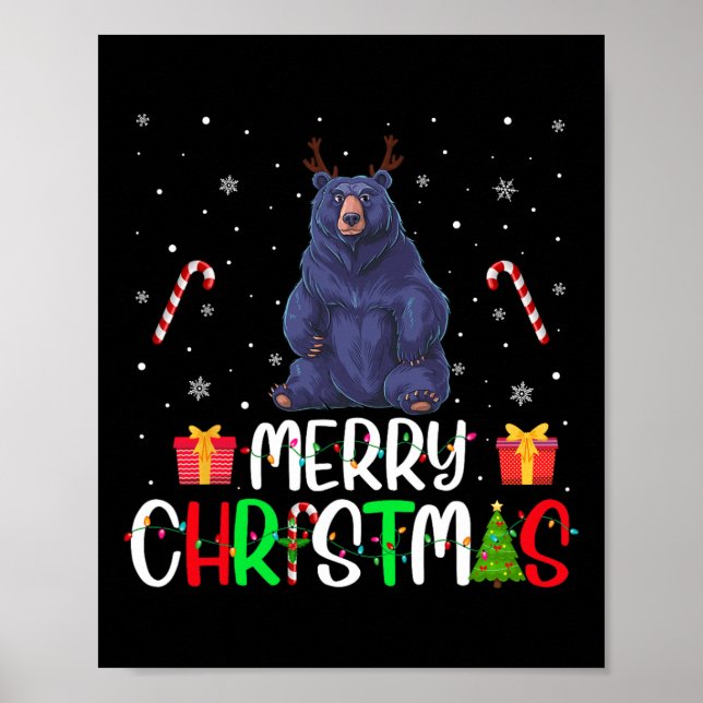 Merry Christmas Lights Bear Reindeer Hat Xmas Pjs  Poster (Front)