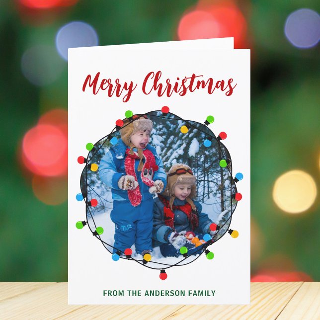 Merry Christmas Lights Circle Photo Cute Festive Holiday Card (Creator Uploaded)