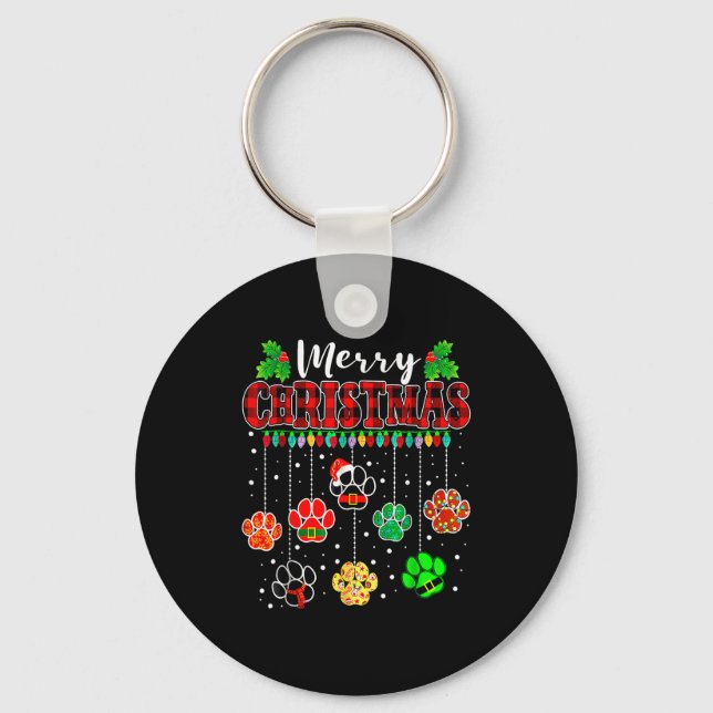 Merry Christmas Lights Dog Paw Xmas  Key Ring (Front)