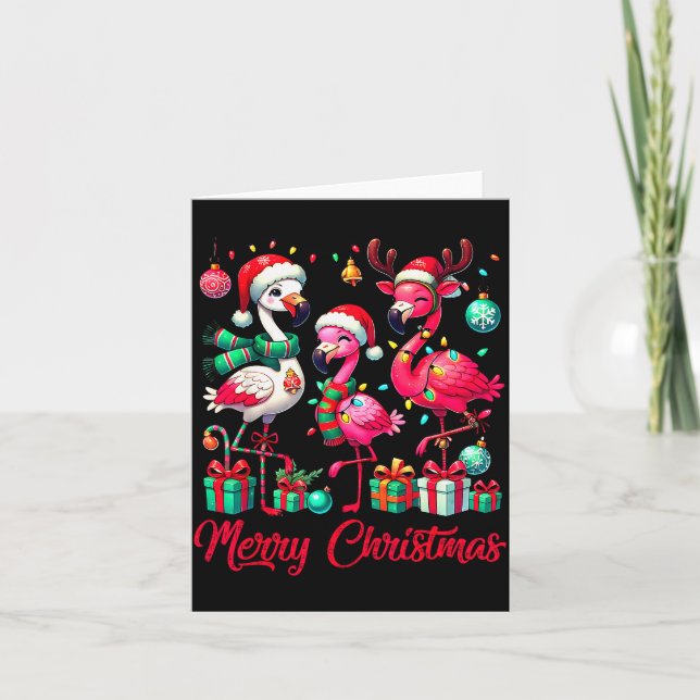 Merry Christmas Lights Flamingo Santa Hat Snow Xma Card (Front)