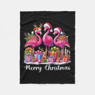 Merry Christmas Lights Flamingo Santa Hat Snow Xma Fleece Blanket