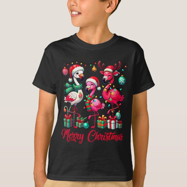 Merry Christmas Lights Flamingo Santa Hat Snow Xma T-Shirt (Front)