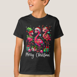 Merry Christmas Lights Flamingo Santa Hat Snow Xma T-Shirt