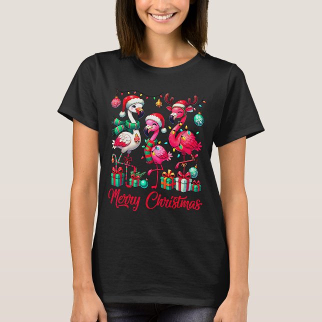 Merry Christmas Lights Flamingo Santa Hat Snow Xma T-Shirt (Front)